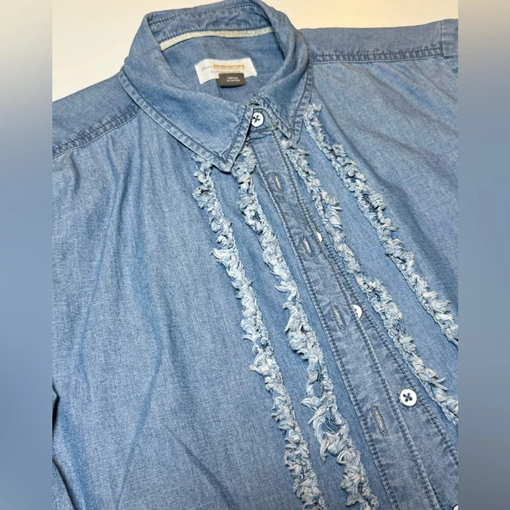 Pilcro by Anthropologie Juni Ruffled Denim Button Down Petite Small 3/4 Sleeve - Picture 5 of 13